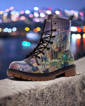 City Lights Skyline Boots | Vegan & Waterproof｜Hong Kong Night View｜Urban Nightscape Combat Boots｜Cityscape Night Vision Boots｜Eco-Friendly Vegan Leather｜Durable & Non-Slip