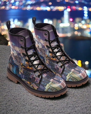 City Lights Skyline Boots | Vegan & Waterproof｜Hong Kong Night View｜Urban Nightscape Combat Boots｜Cityscape Night Vision Boots｜Eco-Friendly Vegan Leather｜Durable & Non-Slip