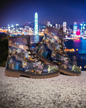 City Lights Skyline Boots | Vegan & Waterproof｜Hong Kong Night View｜Urban Nightscape Combat Boots｜Cityscape Night Vision Boots｜Eco-Friendly Vegan Leather｜Durable & Non-Slip