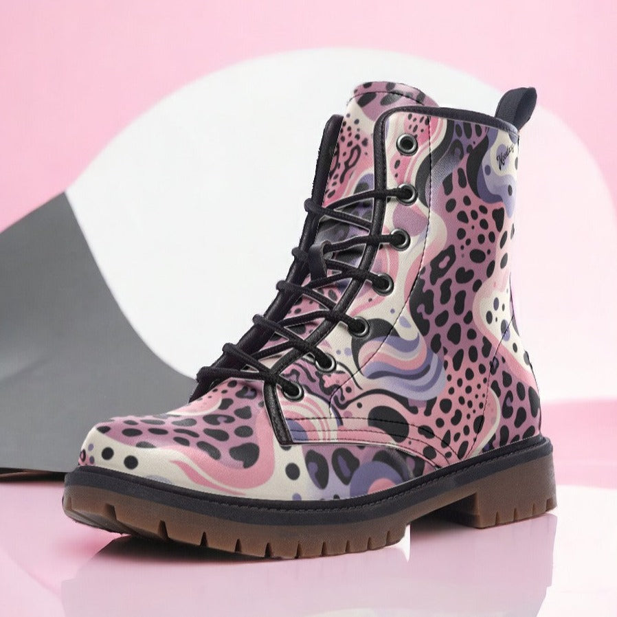 Pink Leopard Print Combat Boots | Vegan Leather & Waterproof