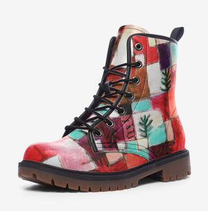a pair of colorful boots on a white background