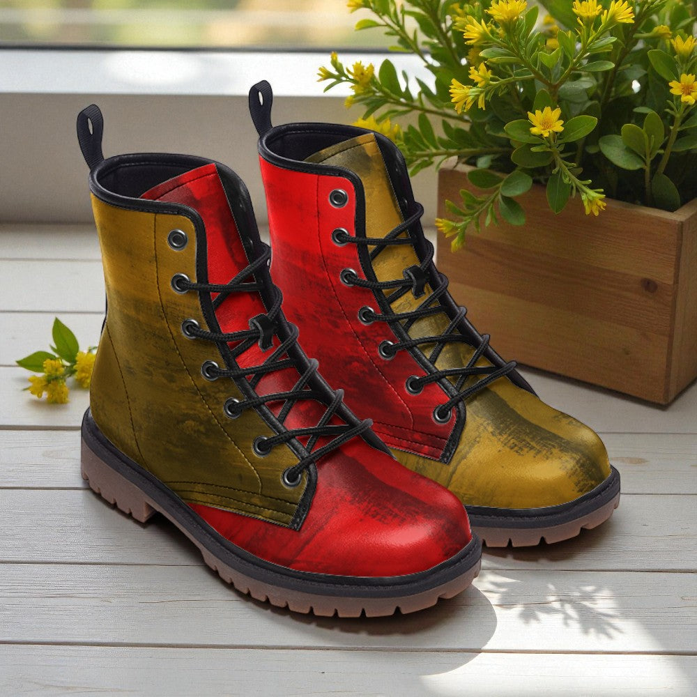 A pair of colorful, patterned boots with red and yellow hues are placed on a wooden surface, with a potted plant and yellow flowers in the background.
