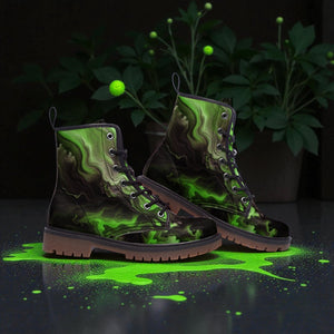 A pair of green and black boots with a unique, swirling pattern on the side, placed on a surface with green liquid or paint splatters, creating a visually striking and artistic composition.