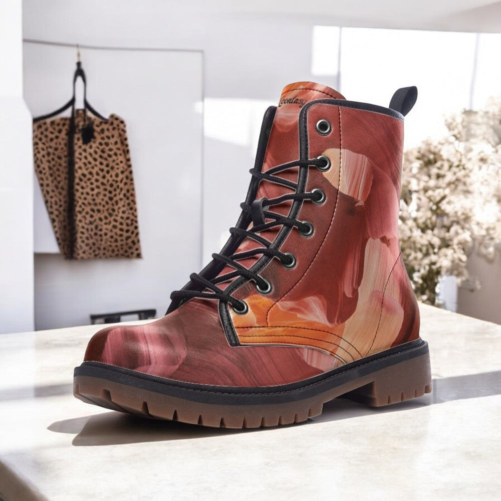 a pair of colorful boots sitting on top of a counter