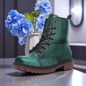 Vintage Dark Green Vegan Combat Boots| Teal Blue Lace Up Boot| Military style boots| Fantasy Leather Boot| Faux Leather Shoes For Women| Men