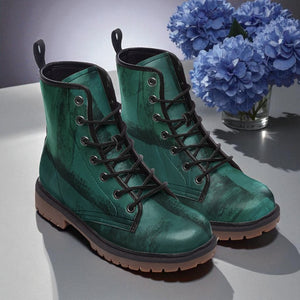 Vintage Dark Green Vegan Combat Boots| Teal Blue Lace Up Boot| Military style boots| Fantasy Leather Boot| Faux Leather Shoes For Women| Men