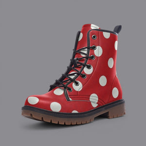Red Polka Dot Combat Boots, Retro Rockabilly Vegan Leather Shoes, Vintage Pin Up Style Footwear, Cute Festival Boots, Womens Custom Shoes