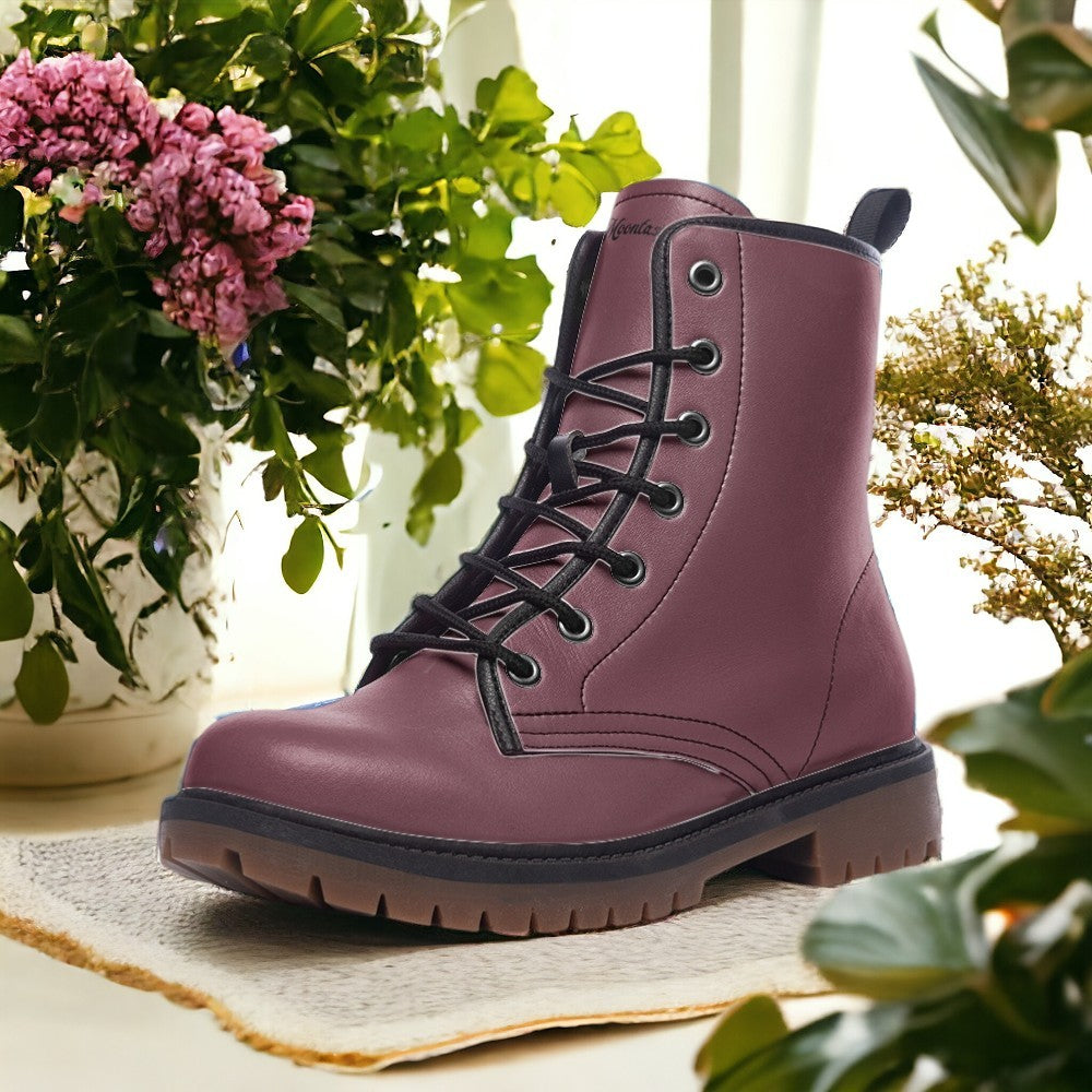 Wine Red Combat Boots| Berry Leather Urban Boots| Vintage Burgundy Lace-Up Boots