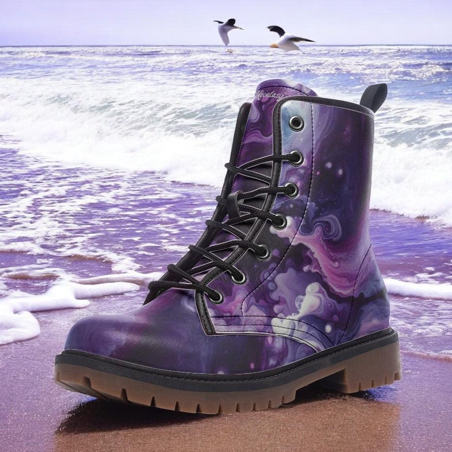 Galactic Swirl Purple Combat Boots｜Fantasy Faux Leather Boot｜Witchy | Lace Up| Hippy| Gothic| Punk| For Women| Men| Teenagers| Customs Shoe