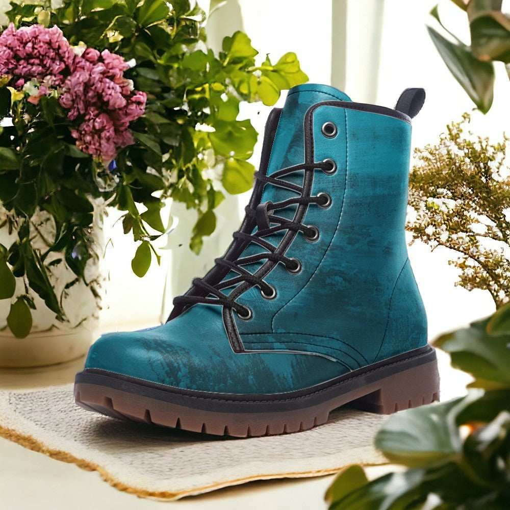 Ocean Teal Combat Boots| Deep Turquoise Lace-Up Boots| Blue Wave Vegan Leather Shoes| Marine Texture| Custom Charm Urban Boot for Women| Men