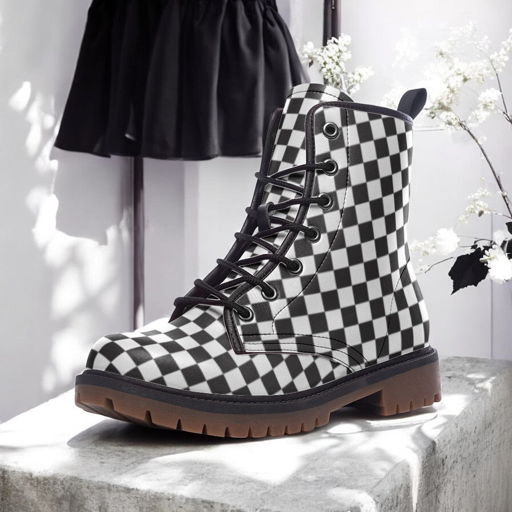 Monochrome Checkered Lace-Up Boots