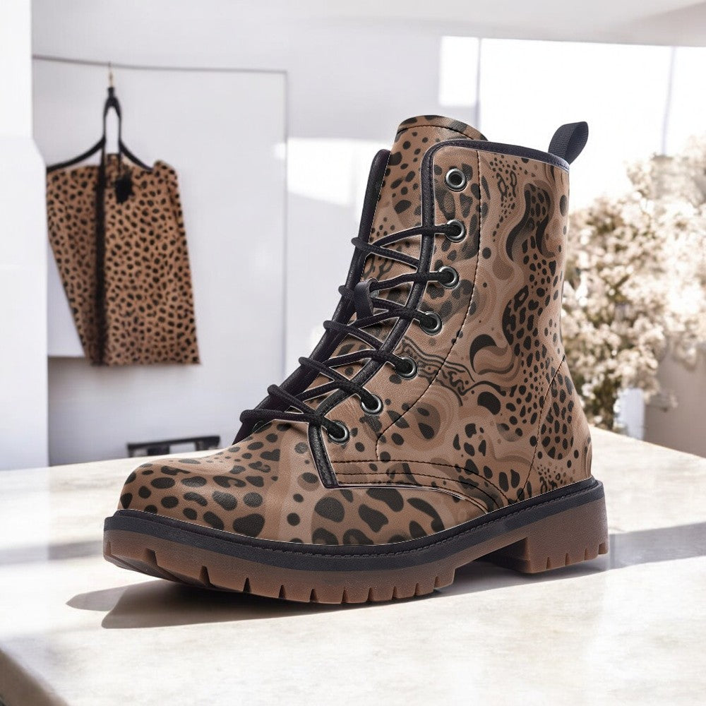 Leopard Print Combat Boots| Brown| Wild Cheetah Leather Boots| Savanna Pattern Urban Boots| unique design| handmade| Women| Men| Fashion