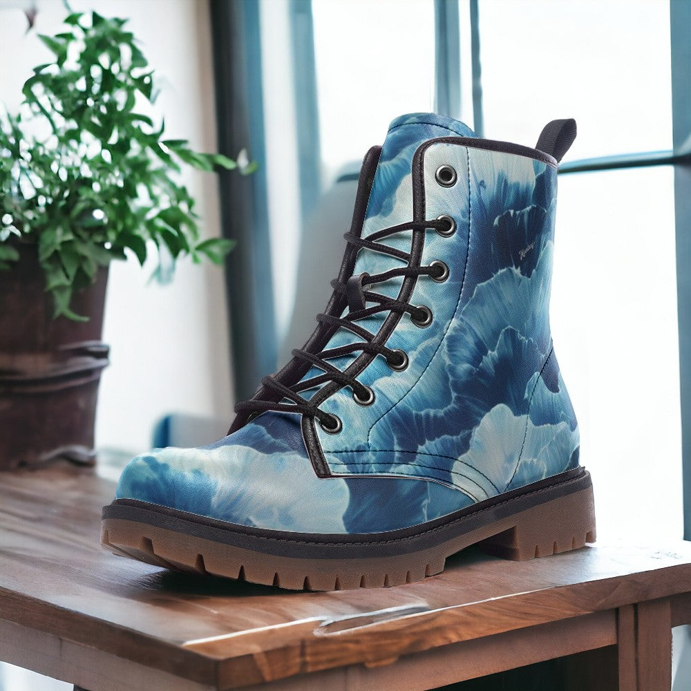 Blue Floral Combat Boots – Trendy Women's Lace-Up Ankle Boots