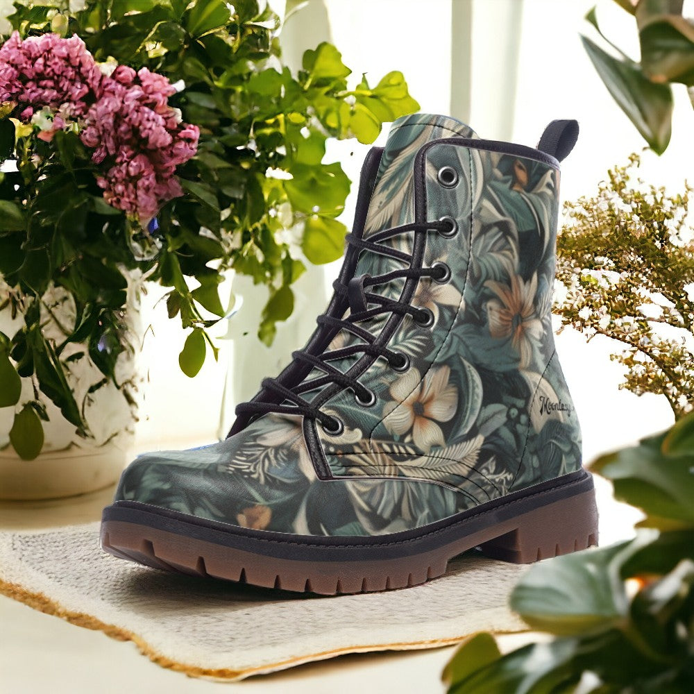 Dark Green Jungle Floral Boots｜Forest Flowers Vegan Boot| Cottagecore Combat Boot| Botanical Witchy Boots| Faux Leather Shoes For Women| Men