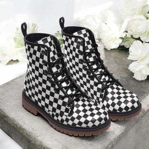 Monochrome Checkered Lace-Up Boots