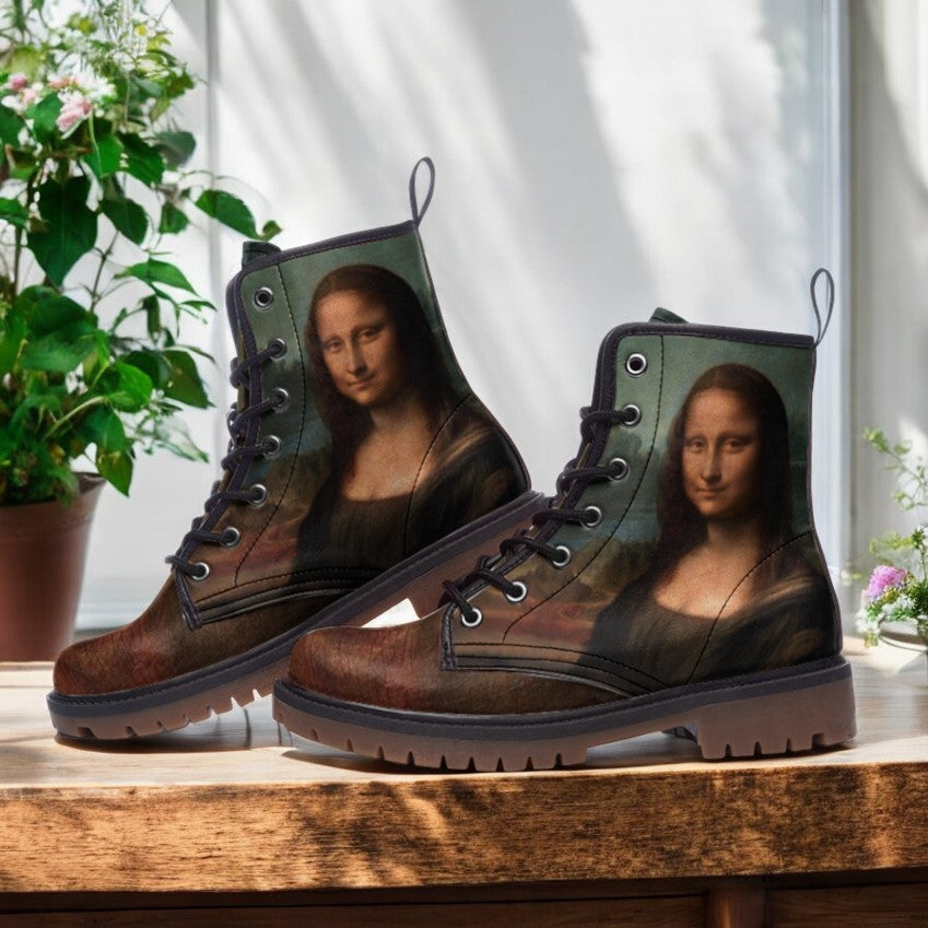 Vintage Mona Lisa Vegan Combat Boots| Da Vinci Inspired Faux Leather Shoes| Renaissance Lace Up Boots|Brown Steampunk Boots For Women| Men