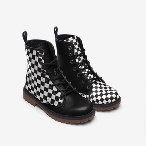 Black and White Checkered Vegan Combat Boots| Charm Faux Leather Shoes| Wide Comfy| Hippy Boots| Customs Shoe For Womens For Men