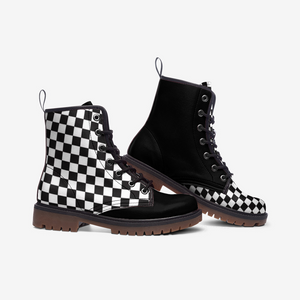 Black and White Checkered Vegan Combat Boots| Charm Faux Leather Shoes| Wide Comfy| Hippy Boots| Customs Shoe For Womens For Men