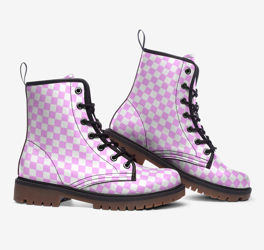 a pair of pink and white checkered boots