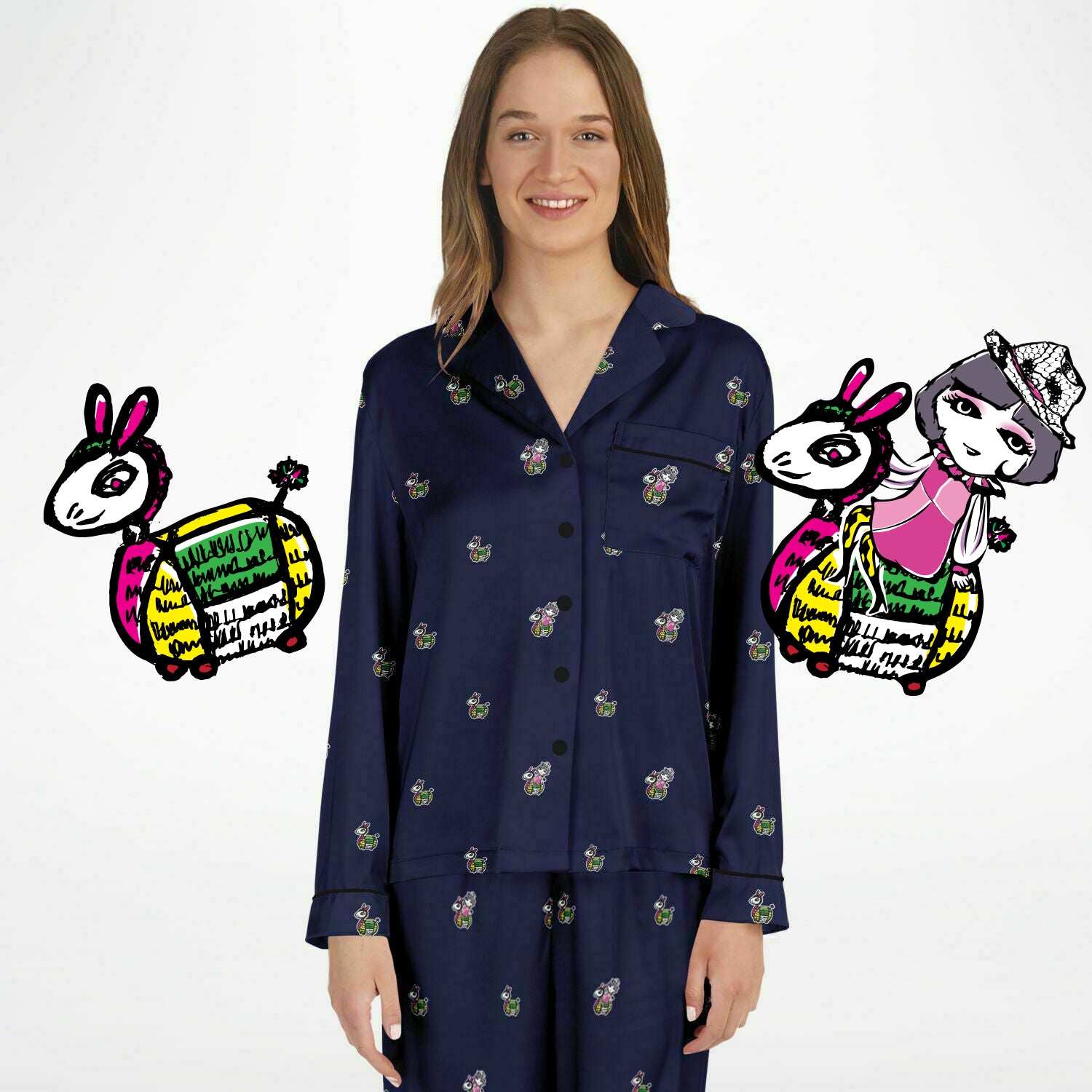 Rabbit Lantern Luxury Women's Satin Pajamas (Dark Blue)