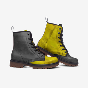 Mismatched Yellow and Gray Vegan Combat Boots| Charm Faux Leather Shoes| Wide Comfy| Hippy Boots| Customs Shoe For Womens For Men