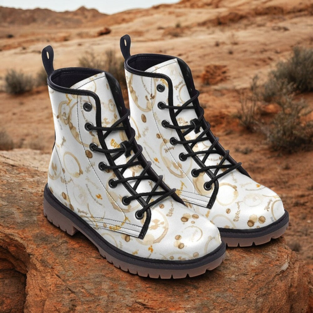 a pair of white boots sitting on top of a rock
