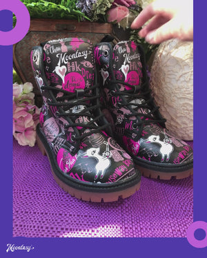 White and Purple Graffiti| Vegan Combat Boots | Charms Fancy boot| Lace Up| Fantasy Leather Shoes| Gothic Boots| gifts-for-girl| Hong Kong
