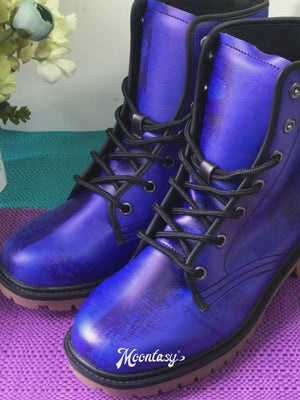 Deep Blue Floral Combat Boots|Blossom Print Blue Lace-Up Boots| Unique Custom Purple Vegan Leather Shoe For Women|Men| Mystic Design Boots