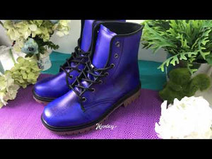 Midnight Blue Artistic Combat Boots| Violet Blue| Abstract Blue Lace-Up Boots| Cobalt Brushstroke Leather Boots| Vegan Leather| Women| Men