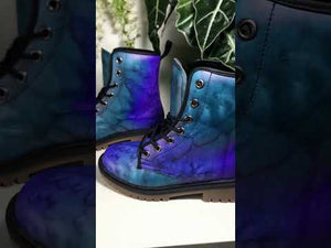 Dreamy Blue Nebula Combat Boots | Vegan & Waterproof| Abstract Watercolor| Night Sky Brushstroke Boots | Durable Design| Eco-Friendly