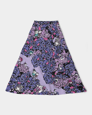 Owls Floral Women's A-Line Midi Skirt (Purple)