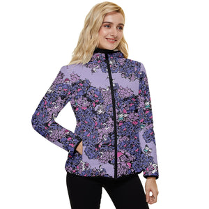 Owls Floral Women's Hooded Quilted Jacket（Purple）