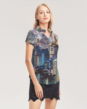 Hong Kong Night View Women's Short Sleeve Button Up