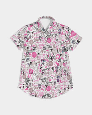 Hong Kong Pattern Women's Short Sleeve Button Up (Pink and white)