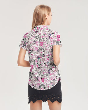 Hong Kong Pattern Women's Short Sleeve Button Up (Pink and white)