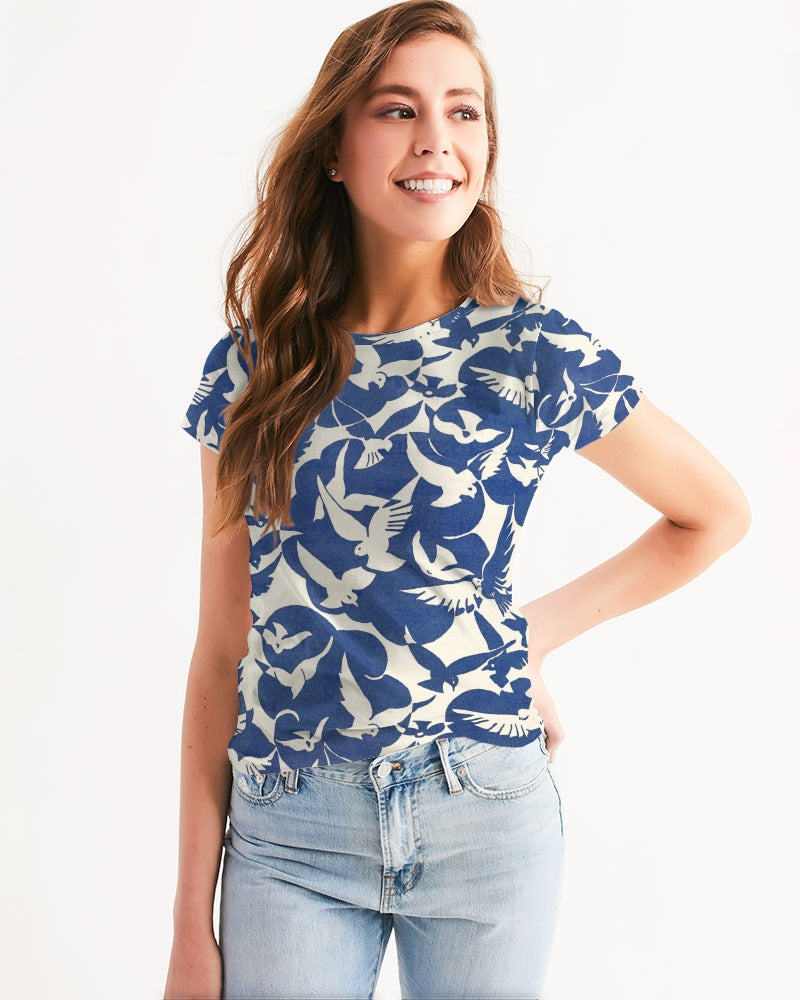 Pigeons Pattern Women's Tee (Blue and Beige)