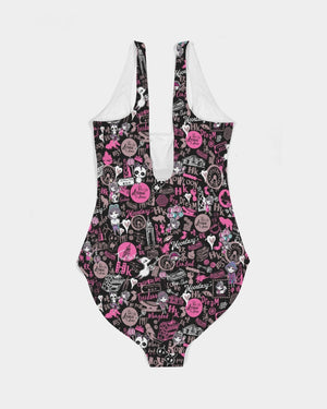 Hong Kong Pattern Women's One-Piece Swimsuit (Black)