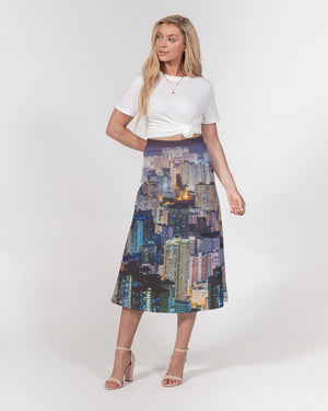 Hong Kong Night View Women's A-Line Midi Skirt (Black and Grey)