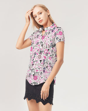 Hong Kong Pattern Women's Short Sleeve Button Up (Pink and white)