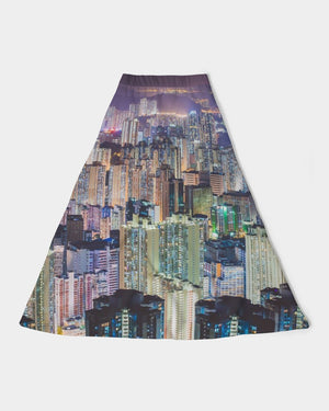 Hong Kong Night View Women's A-Line Midi Skirt (Black and Grey)