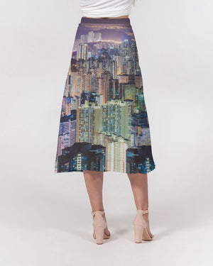 Hong Kong Night View Women's A-Line Midi Skirt (Black and Grey)