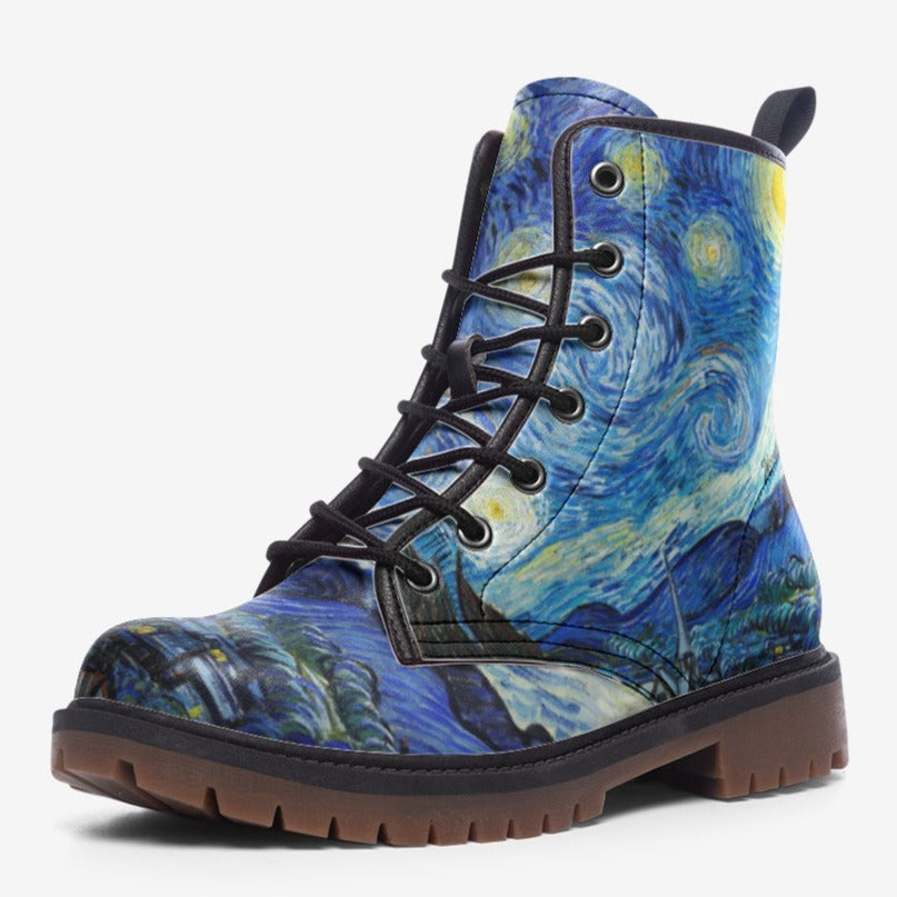 Starry Night boots Vegan Leather boots (Van Gogh/Black and Blue)