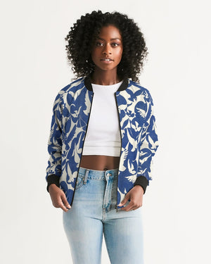 Pigeons Pattern Women's Bomber Jacket (Blue and Beige)