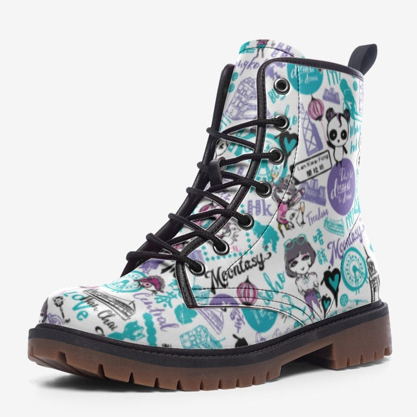 Hong Kong Pattern Vegan Leather Boots (Blue)