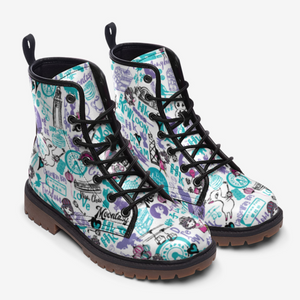 Hong Kong Pattern Vegan Leather Boots (Blue)