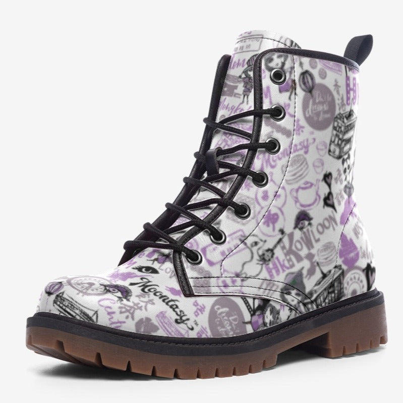 Hong Kong Pattern Vegan Leather Boots (Purple)