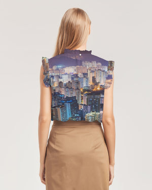 Hong Kong Night View Women's Ruffle Sleeve Top (Grey and Black)