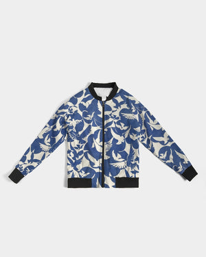 Pigeons Pattern Women's Bomber Jacket (Blue and Beige)