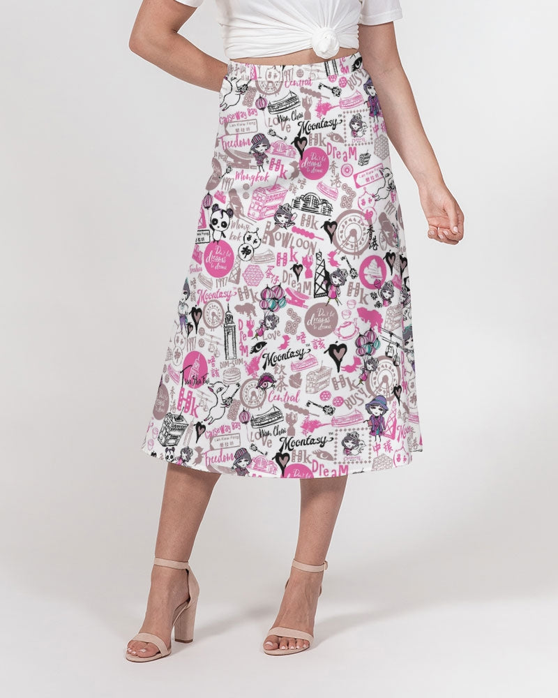 Hong Kong Pattern Women's A-Line Midi Skirt (Pink and White)