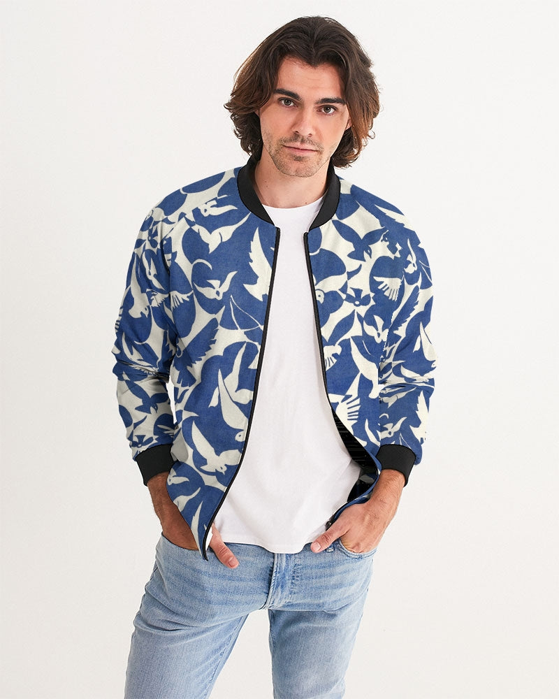 Pigeons Pattern Men's Bomber Jacket (Blue and Beige)